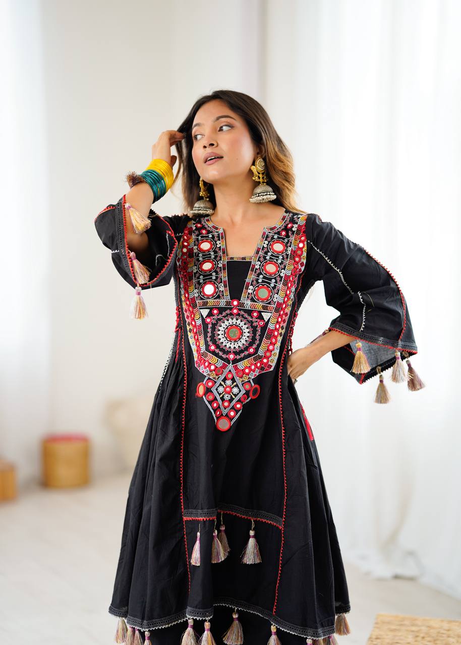Black Tribal Mirror Work Kurta with Tassel Detailing & Palazzos AllTreandy