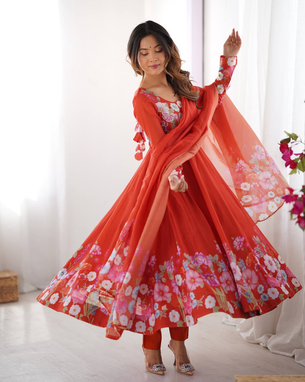 Orange Floral Printed Anarkali Suit with Dupatta AllTreandy