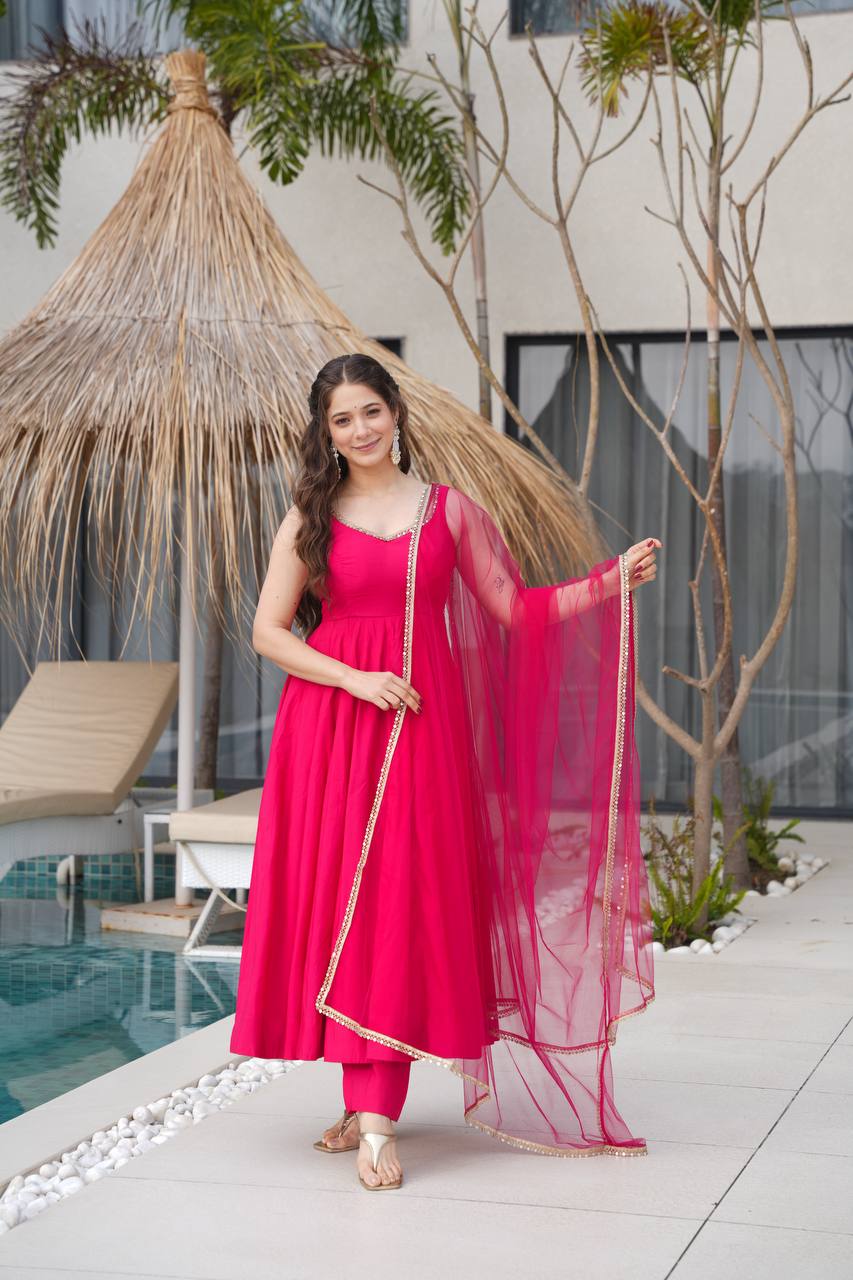 Seafoam Green & Red Sleeveless Anarkali Suit Set with Dupatta – Premium Tissue Silk Blend AllTreandy
