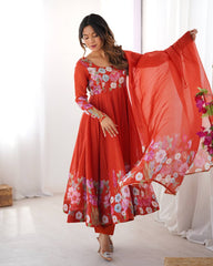 Orange Floral Printed Anarkali Suit with Dupatta AllTreandy