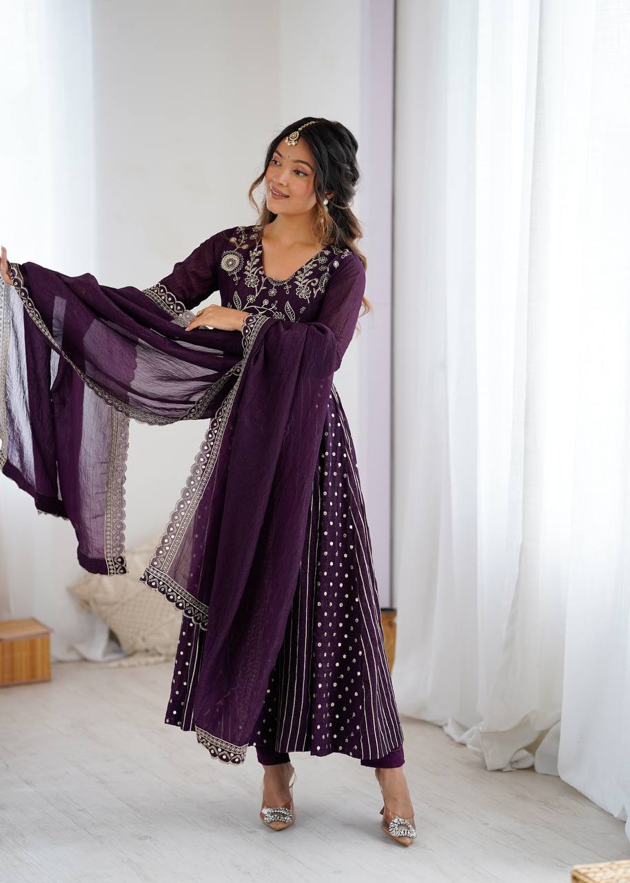 Purple Silk Anarkali with Gota Patti Dupatta & Churidar AllTreandy