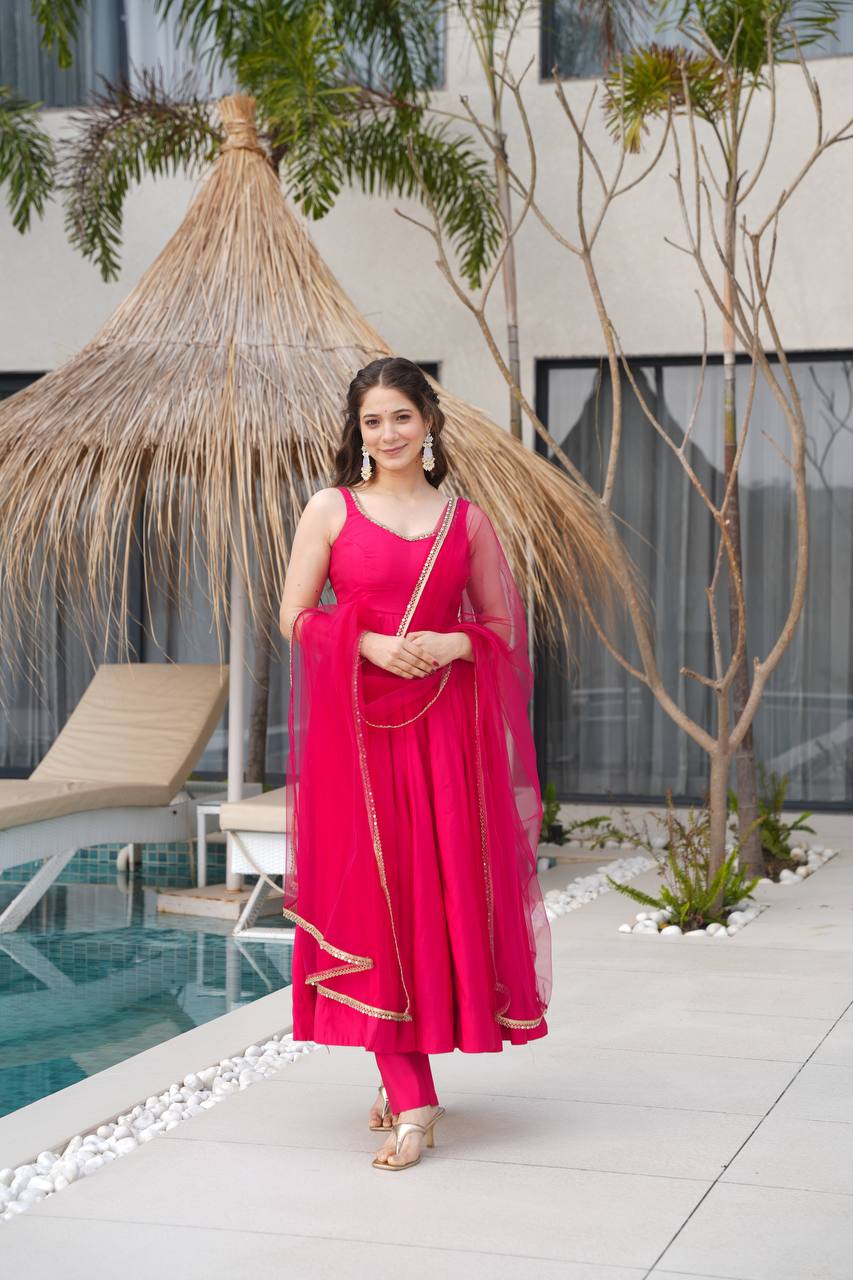 Seafoam Green & Red Sleeveless Anarkali Suit Set with Dupatta – Premium Tissue Silk Blend AllTreandy