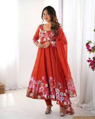 Orange Floral Printed Anarkali Suit with Dupatta AllTreandy