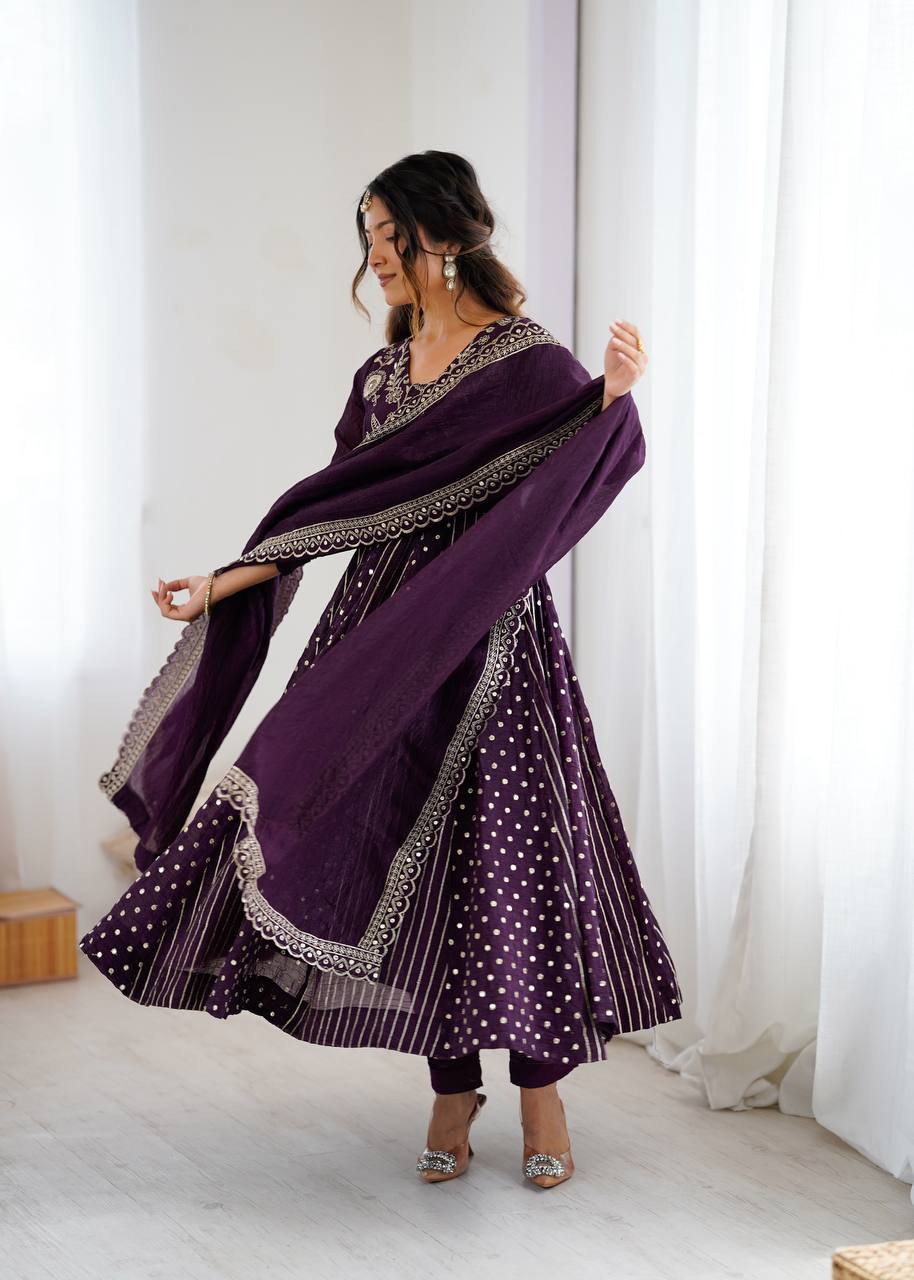 Purple Silk Anarkali with Gota Patti Dupatta & Churidar AllTreandy