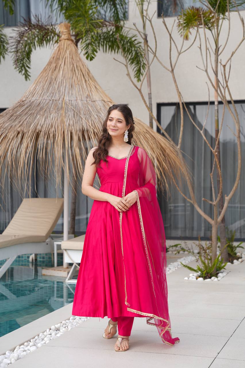 Seafoam Green & Red Sleeveless Anarkali Suit Set with Dupatta – Premium Tissue Silk Blend AllTreandy