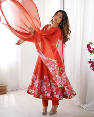 Orange Floral Printed Anarkali Suit with Dupatta AllTreandy