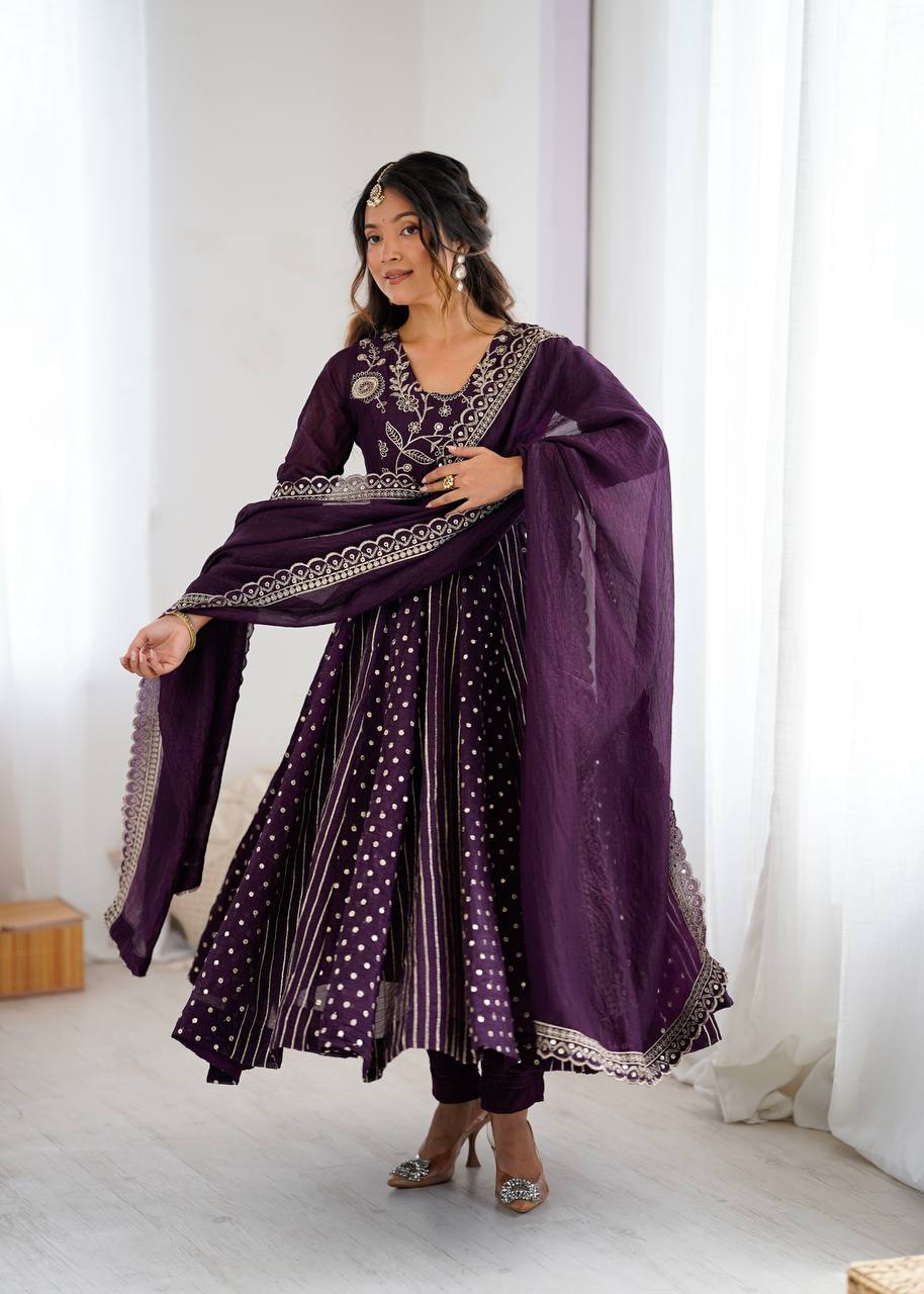 Purple Silk Anarkali with Gota Patti Dupatta & Churidar AllTreandy