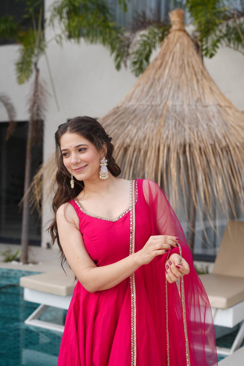 Hot Pink Georgette Anarkali with Golden Lace Dupatta AllTreandy