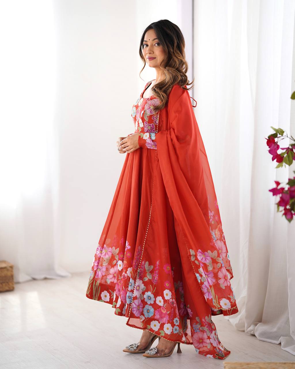 Orange Floral Printed Anarkali Suit with Dupatta AllTreandy