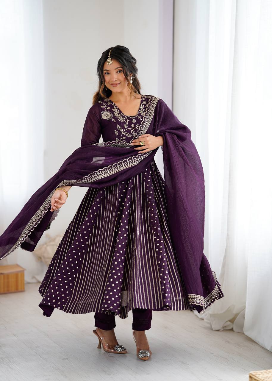Purple Silk Anarkali with Gota Patti Dupatta & Churidar AllTreandy