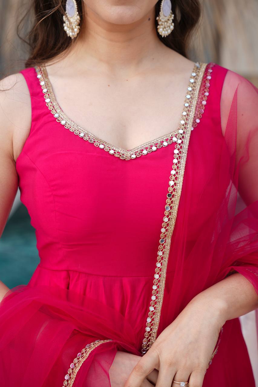 Seafoam Green & Red Sleeveless Anarkali Suit Set with Dupatta – Premium Tissue Silk Blend AllTreandy