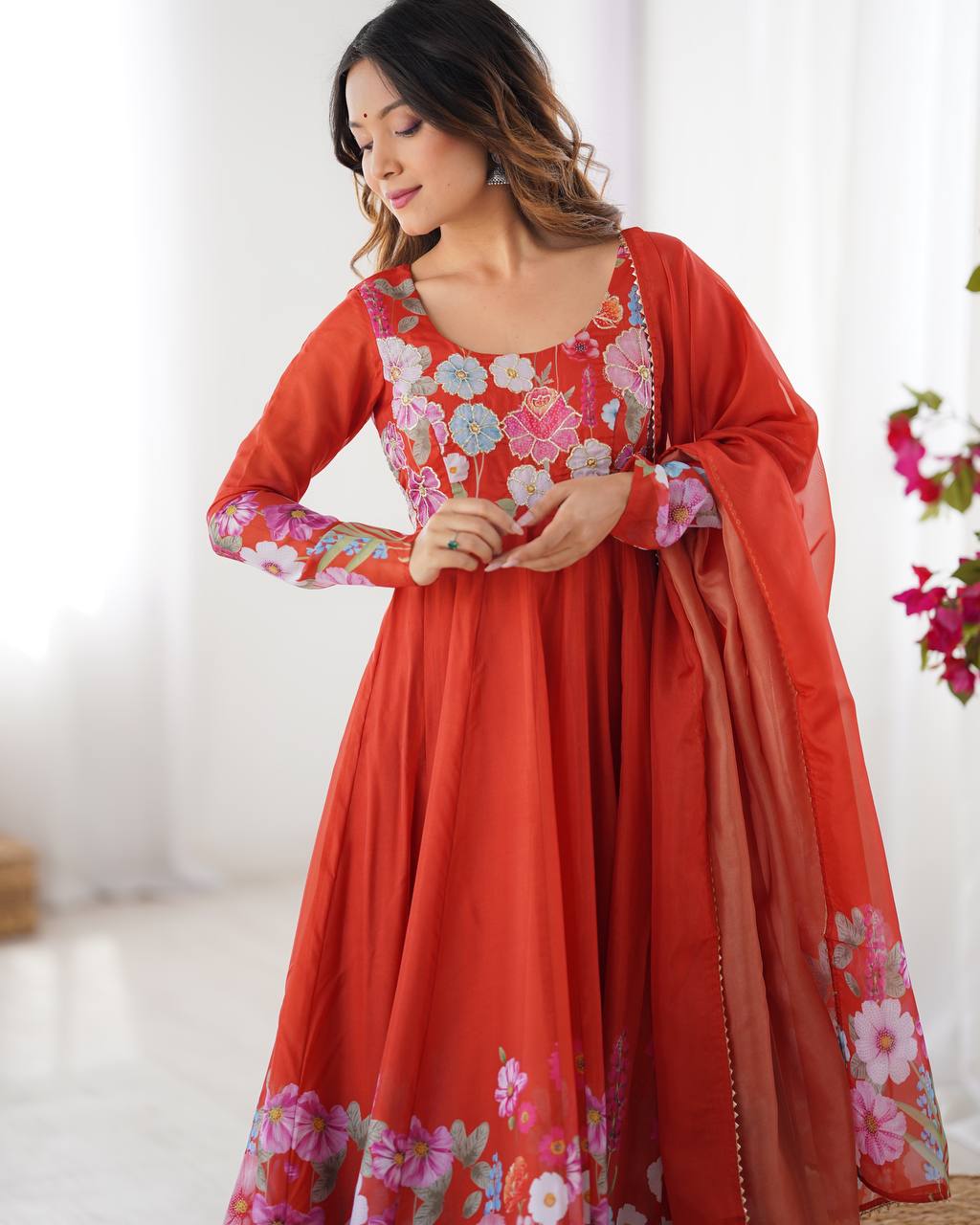 Orange Floral Printed Anarkali Suit with Dupatta AllTreandy