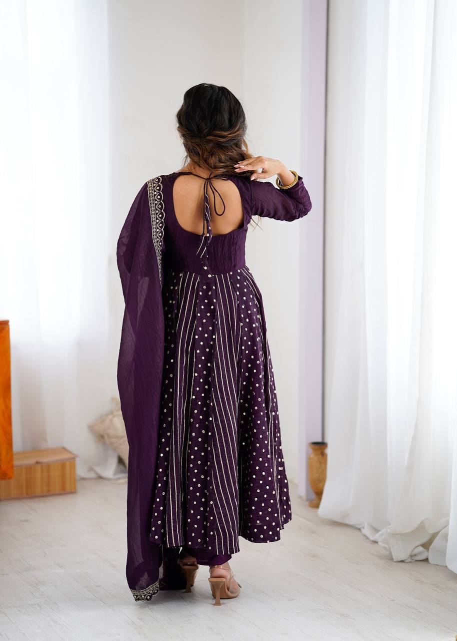 Purple Silk Anarkali with Gota Patti Dupatta & Churidar AllTreandy
