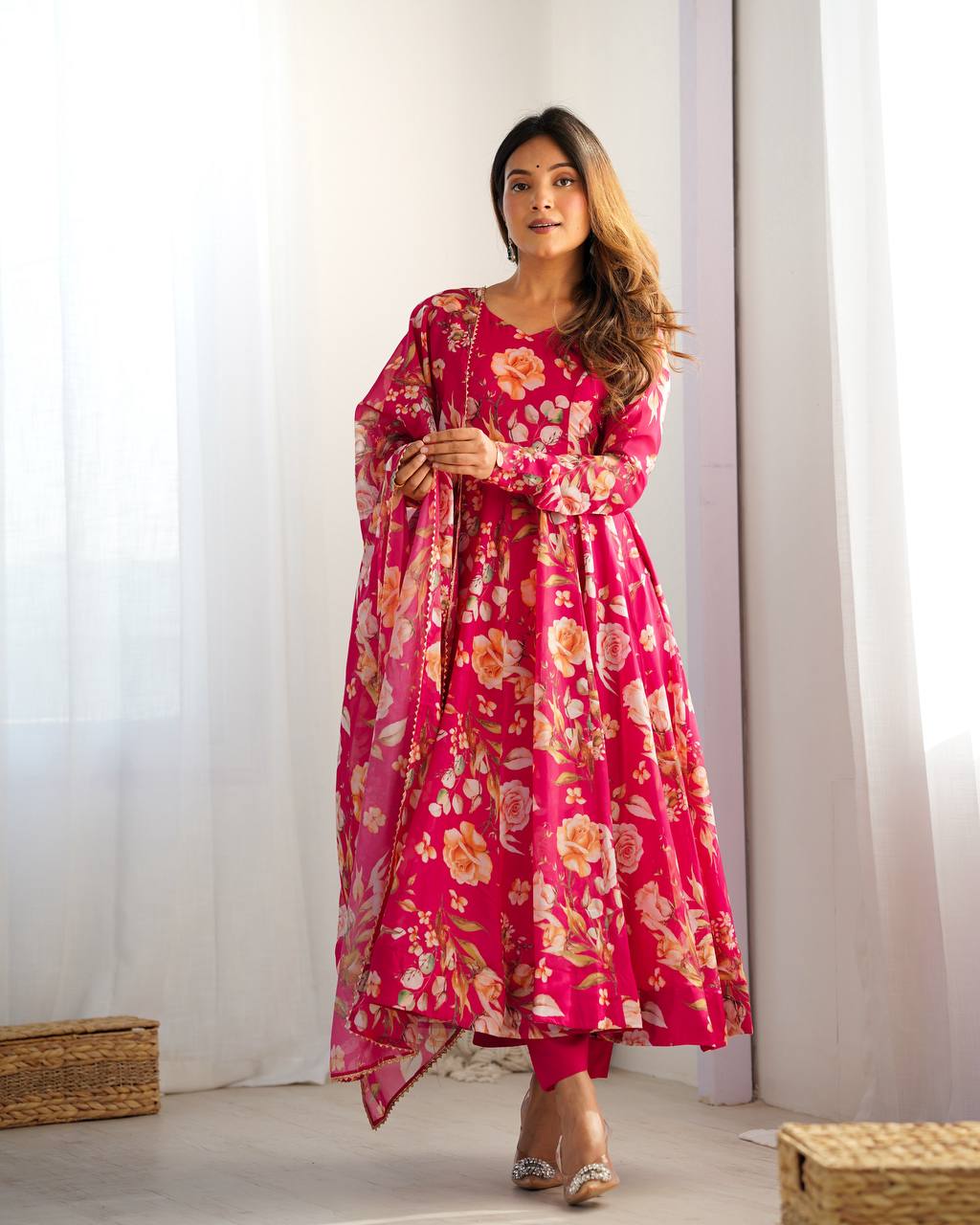 Pink Floral Anarkali Suit with Dupatta AllTreandy