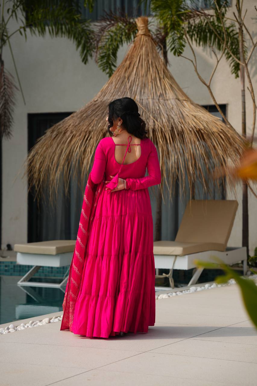 Hot Pink Tiered Anarkali with Banarasi Dupatta AllTreandy