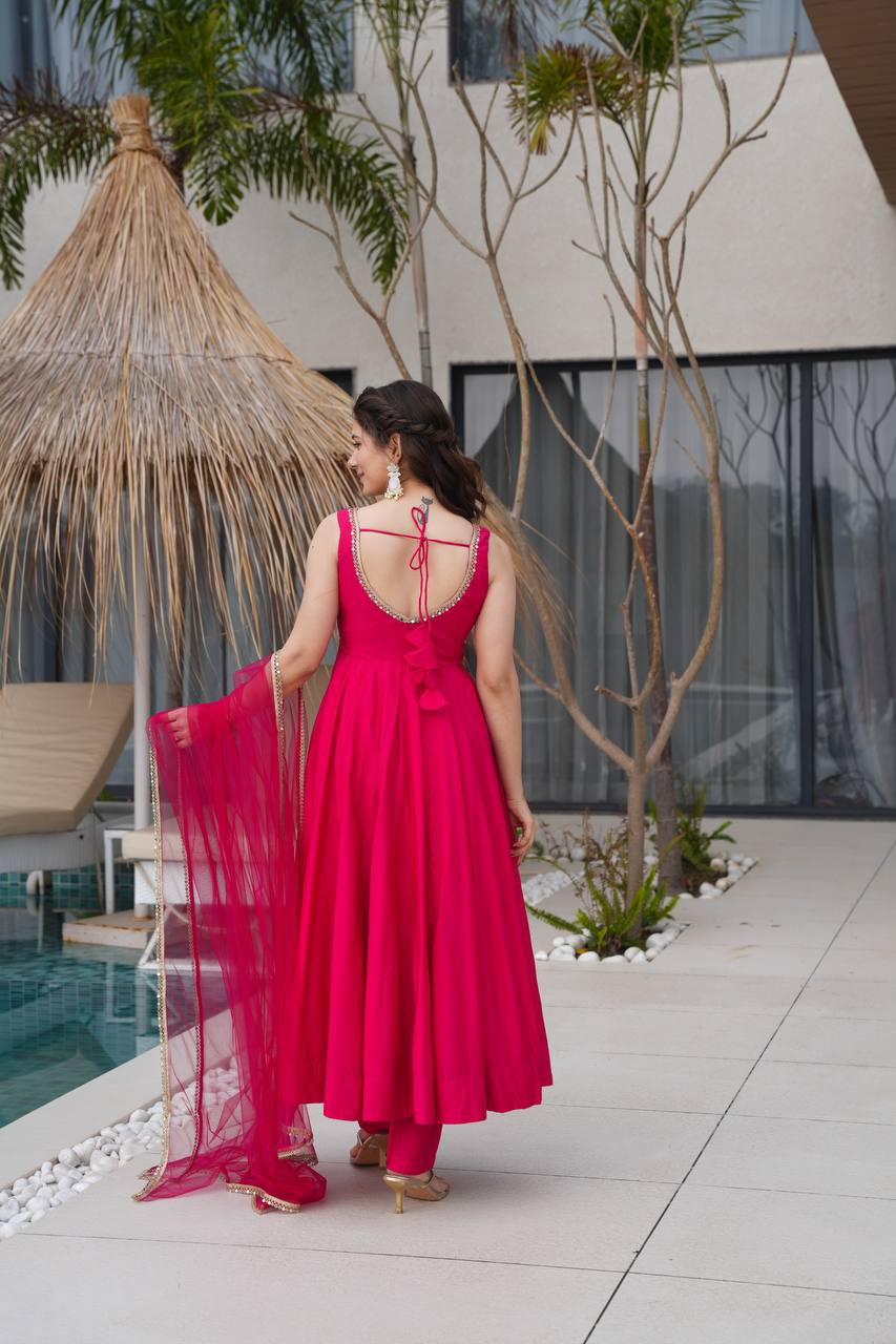 Seafoam Green & Red Sleeveless Anarkali Suit Set with Dupatta – Premium Tissue Silk Blend AllTreandy