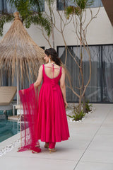 Hot Pink Georgette Anarkali with Golden Lace Dupatta AllTreandy