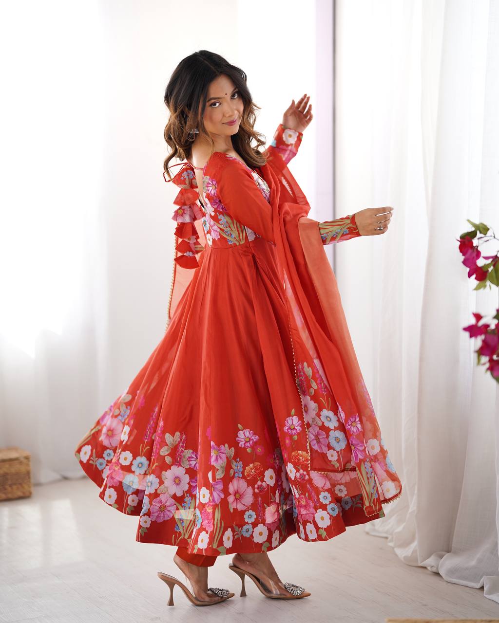 Orange Floral Printed Anarkali Suit with Dupatta AllTreandy