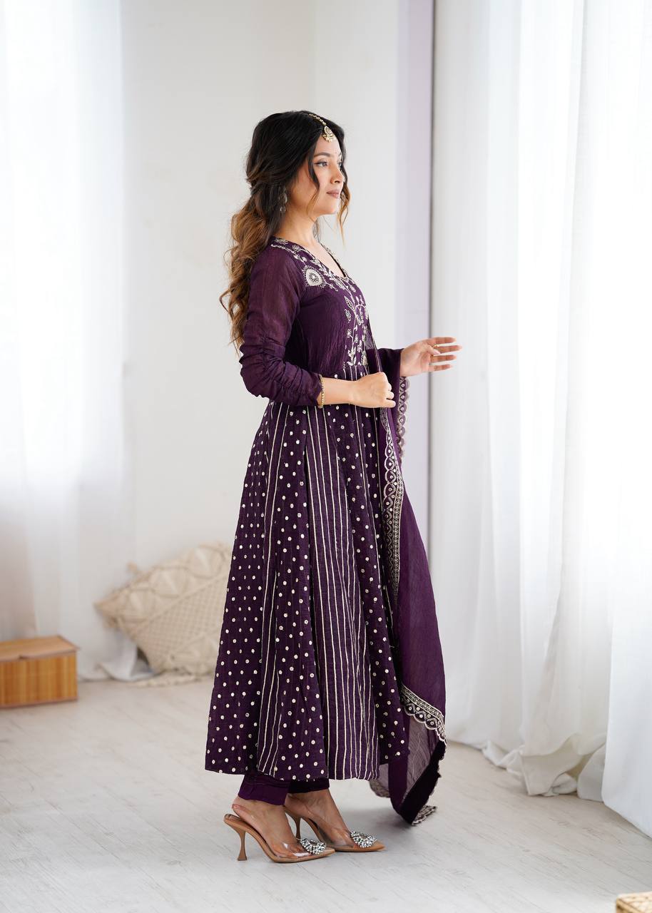 Purple Silk Anarkali with Gota Patti Dupatta & Churidar AllTreandy