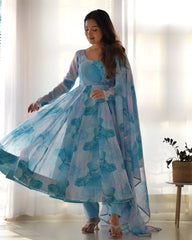 Aqua Blue Watercolor Print Anarkali Suit Set with Dupatta AllTreandy