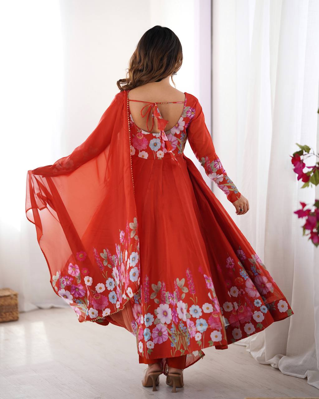 Orange Floral Printed Anarkali Suit with Dupatta AllTreandy