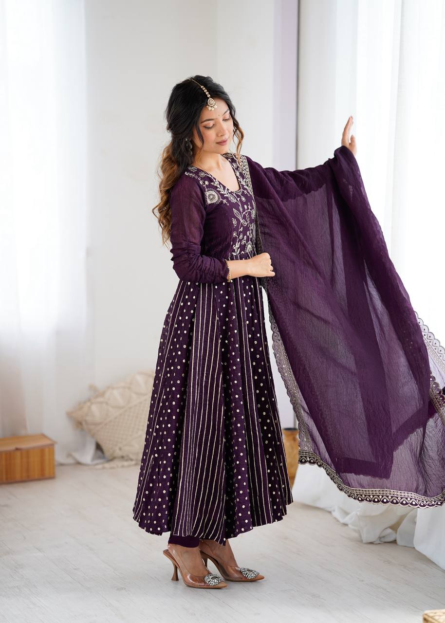 Purple Silk Anarkali with Gota Patti Dupatta & Churidar AllTreandy