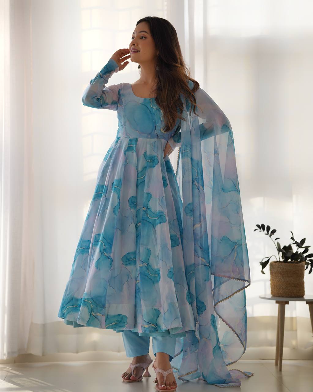 Aqua Blue Watercolor Print Anarkali Suit Set with Dupatta AllTreandy