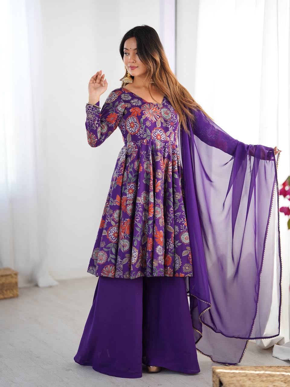 Purple Floral Printed Anarkali with Sharara & Dupatta AllTreandy