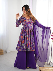 Purple Floral Printed Anarkali with Sharara & Dupatta AllTreandy