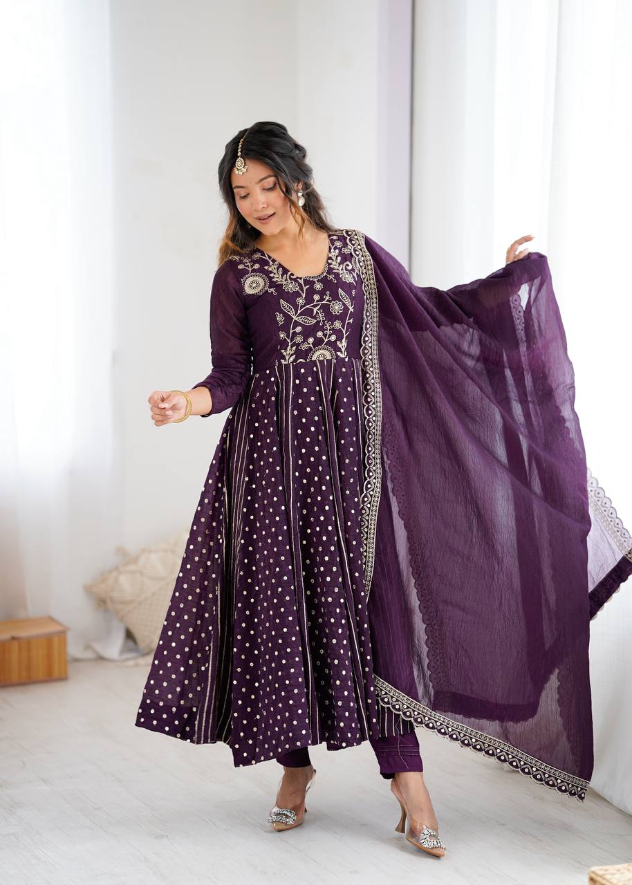 Purple Silk Anarkali with Gota Patti Dupatta & Churidar AllTreandy