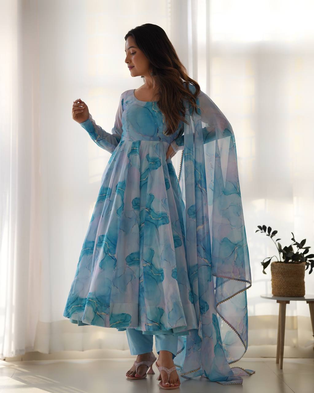 Aqua Blue Watercolor Print Anarkali Suit Set with Dupatta AllTreandy