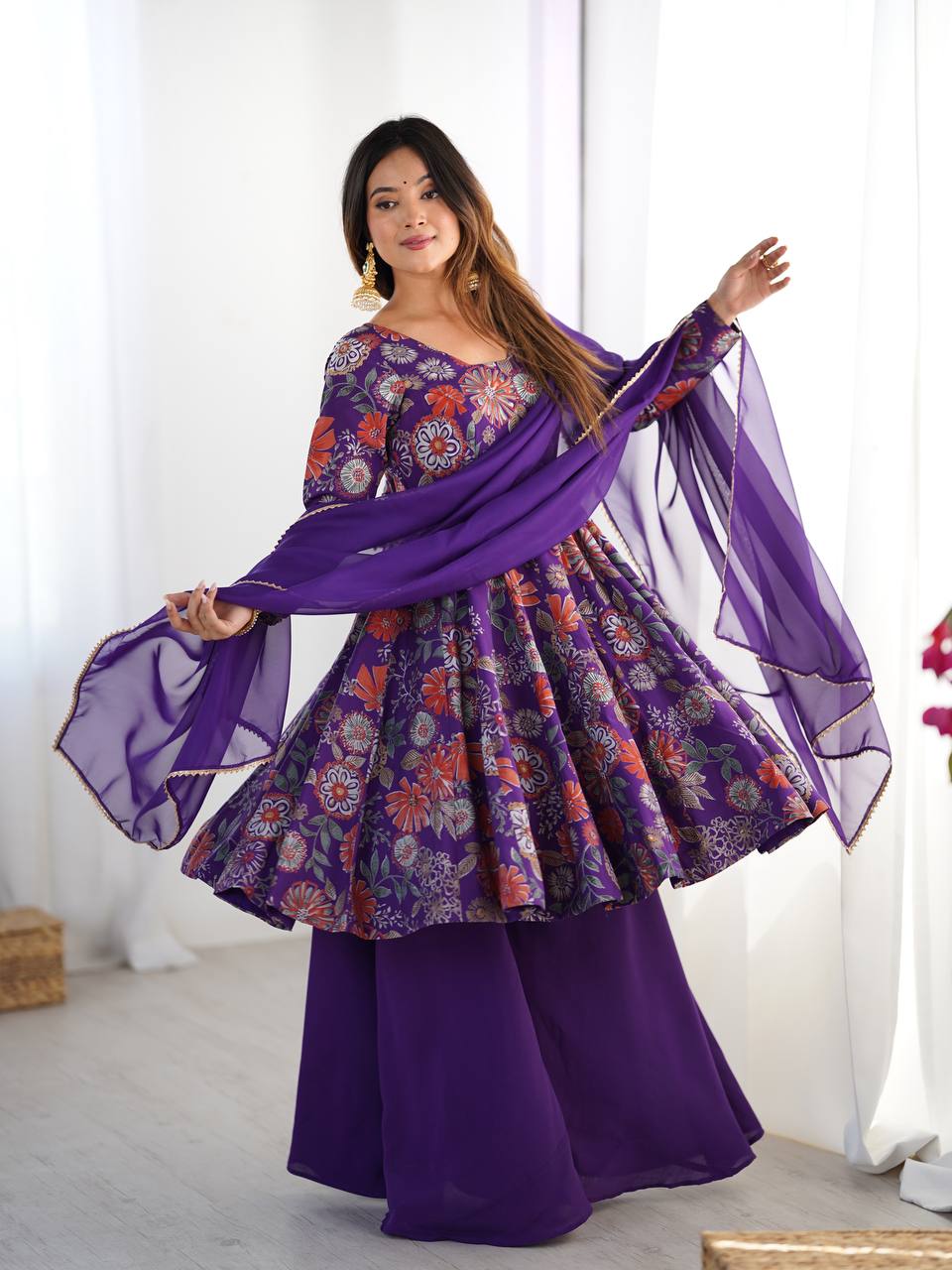 Purple Floral Printed Anarkali with Sharara & Dupatta AllTreandy