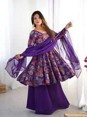 Purple Floral Printed Anarkali with Sharara & Dupatta AllTreandy