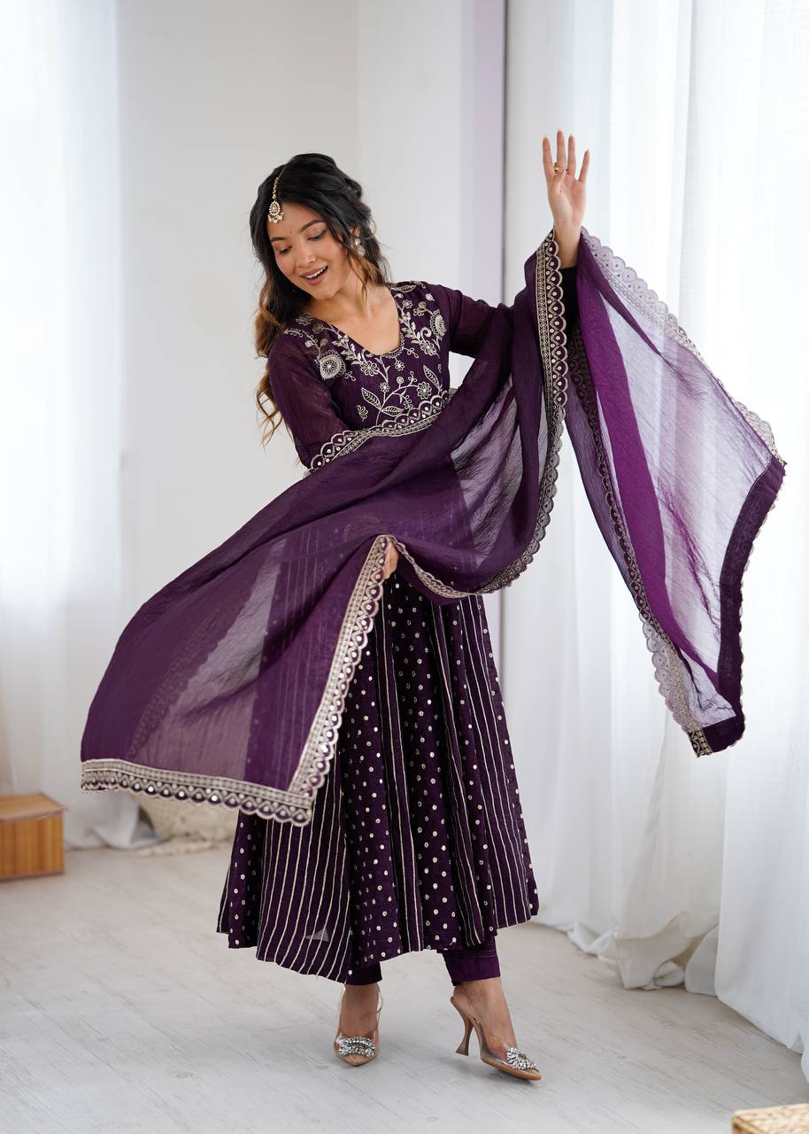 Purple Silk Anarkali with Gota Patti Dupatta & Churidar AllTreandy