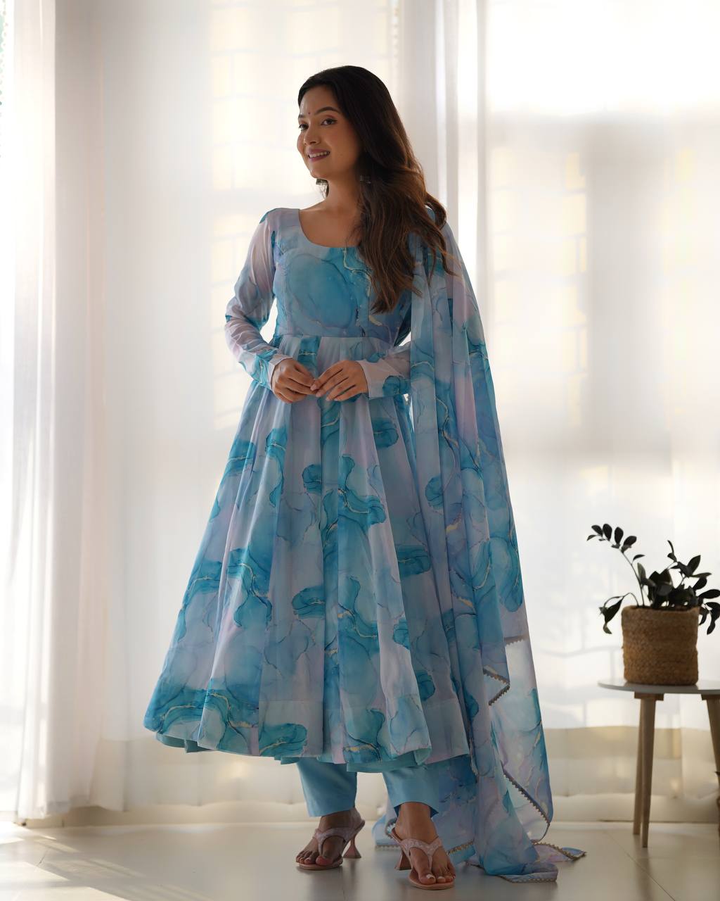Aqua Blue Watercolor Print Anarkali Suit Set with Dupatta AllTreandy