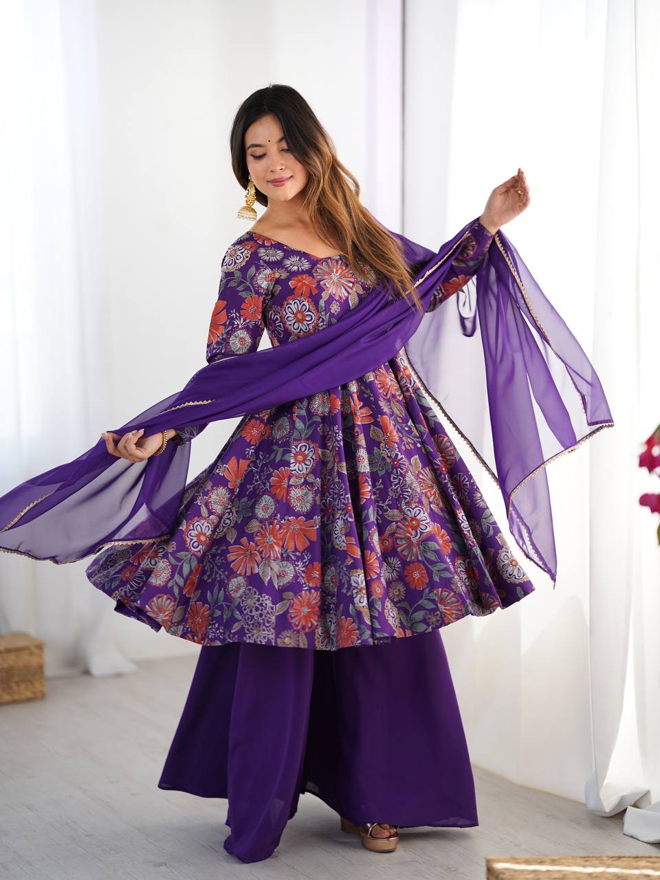 Purple Floral Printed Anarkali with Sharara & Dupatta AllTreandy