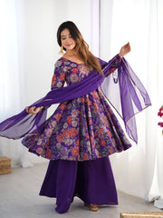 Purple Floral Printed Anarkali with Sharara & Dupatta AllTreandy