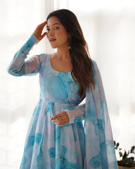 Aqua Blue Watercolor Print Anarkali Suit Set with Dupatta AllTreandy