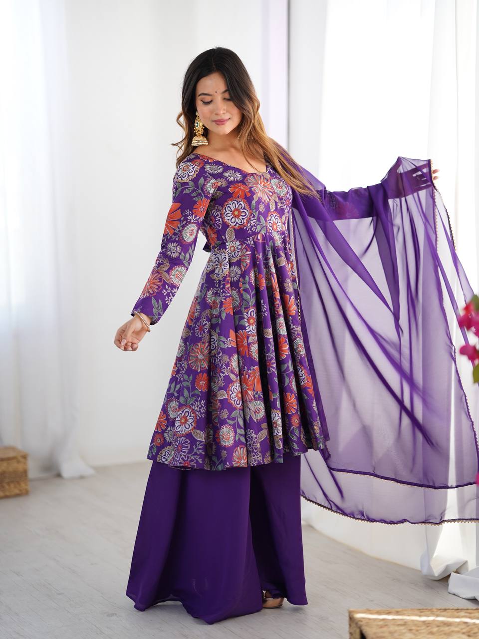 Purple Floral Printed Anarkali with Sharara & Dupatta AllTreandy