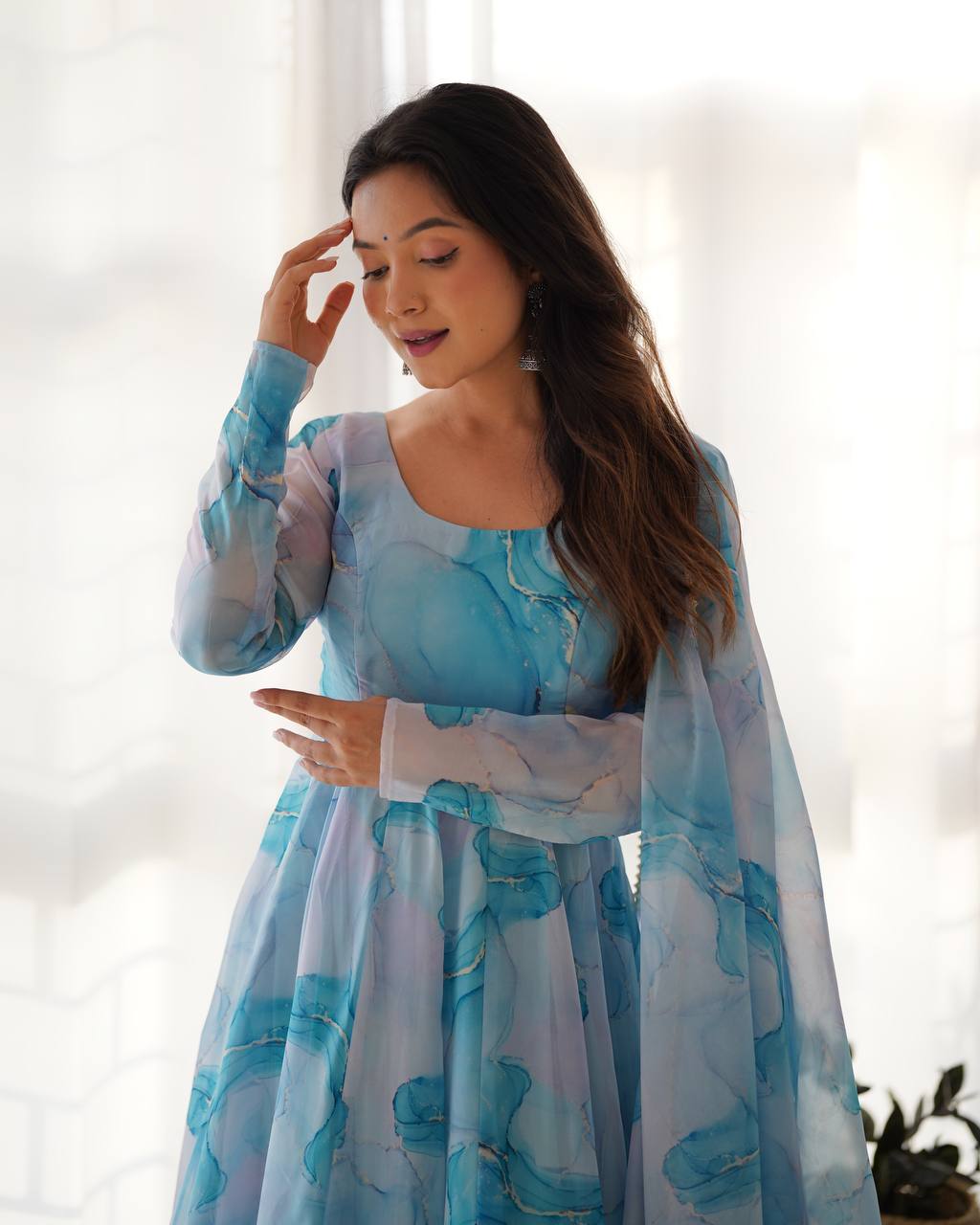 Aqua Blue Watercolor Print Anarkali Suit Set with Dupatta AllTreandy