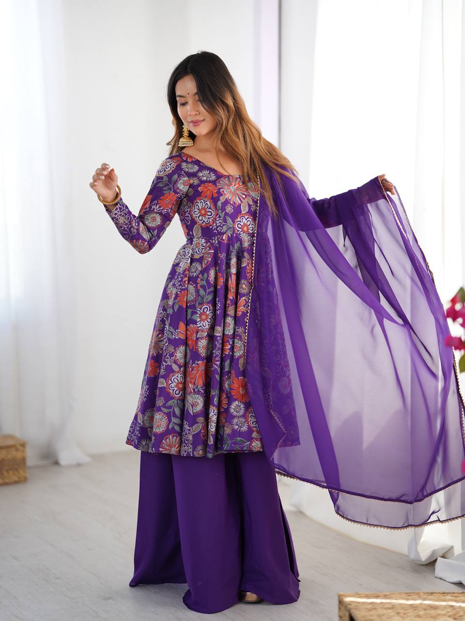 Purple Floral Printed Anarkali with Sharara & Dupatta AllTreandy