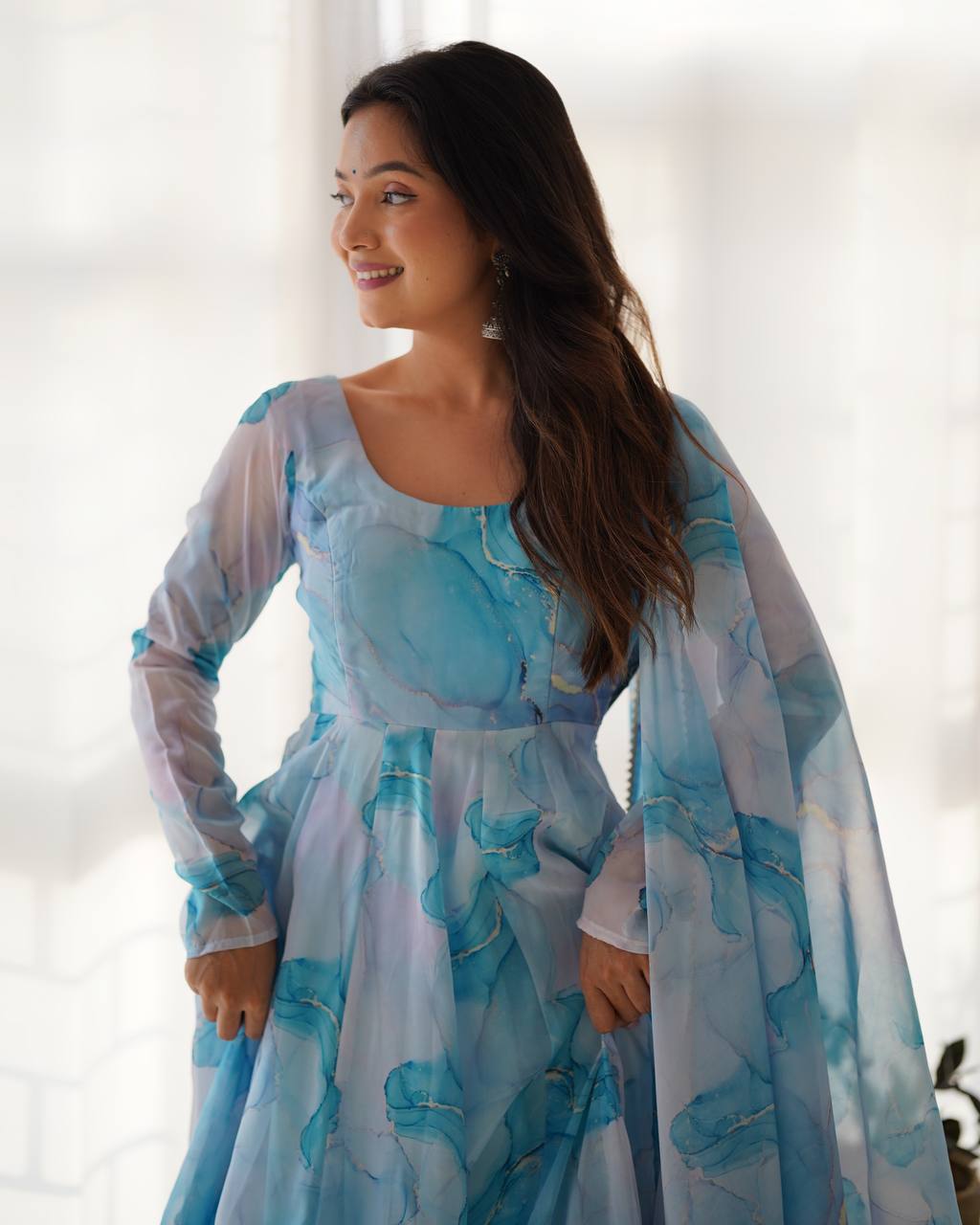 Aqua Blue Watercolor Print Anarkali Suit Set with Dupatta AllTreandy