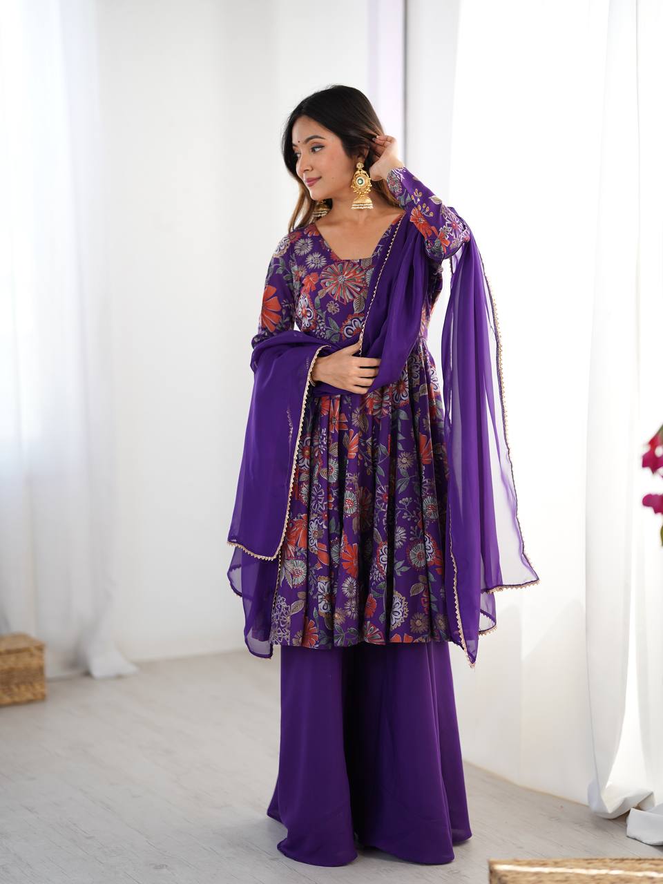 Purple Floral Printed Anarkali with Sharara & Dupatta AllTreandy