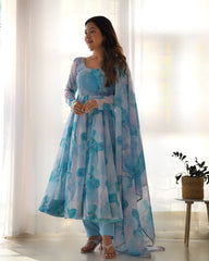 Aqua Blue Watercolor Print Anarkali Suit Set with Dupatta AllTreandy