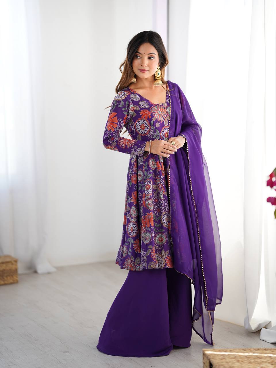 Purple Floral Printed Anarkali with Sharara & Dupatta AllTreandy