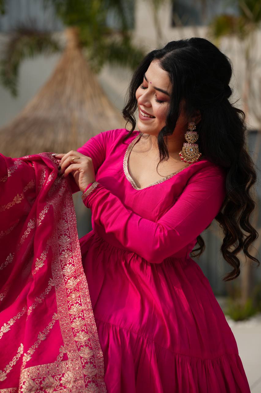 Hot Pink Tiered Anarkali with Banarasi Dupatta AllTreandy