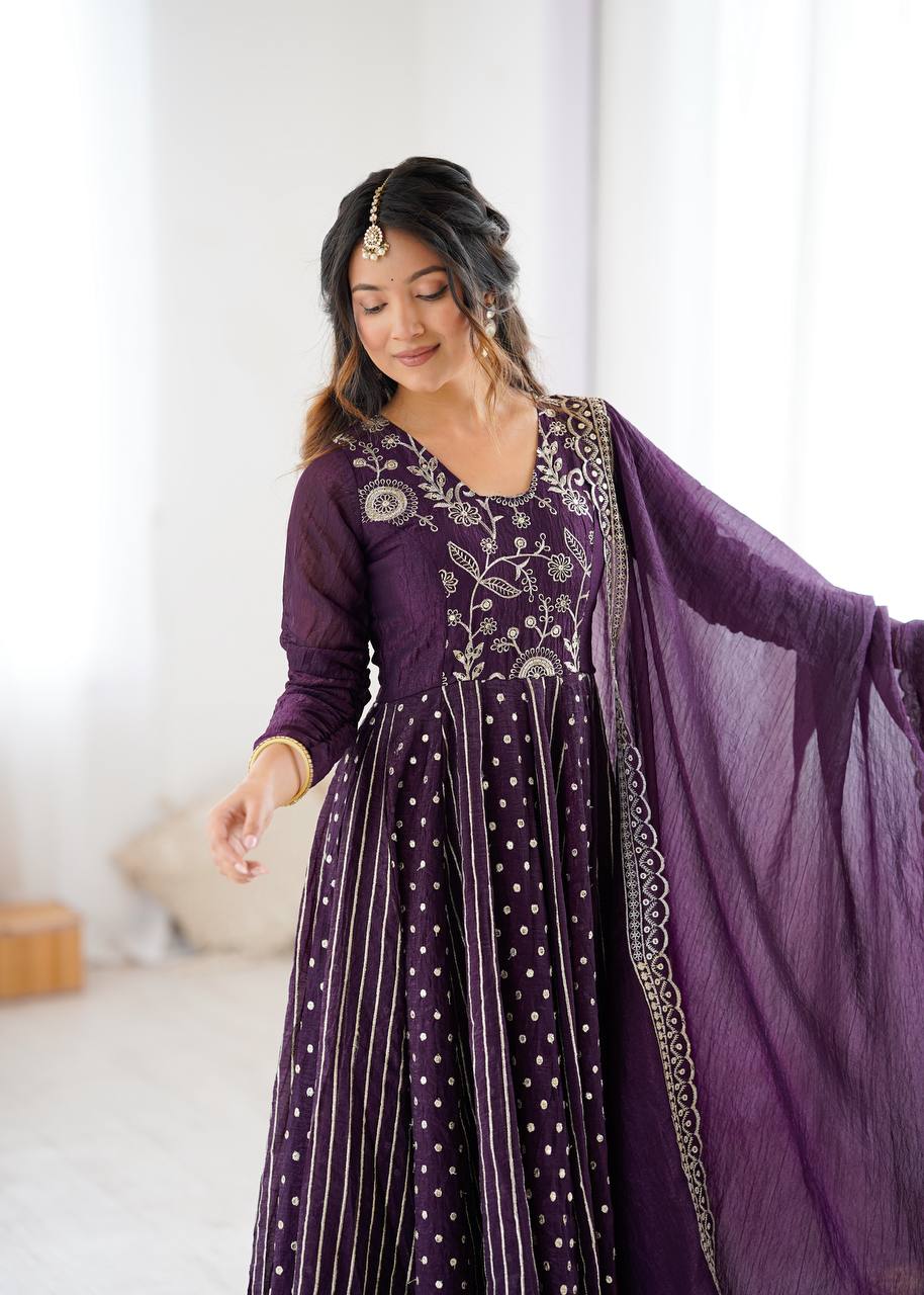 Purple Silk Anarkali with Gota Patti Dupatta & Churidar AllTreandy