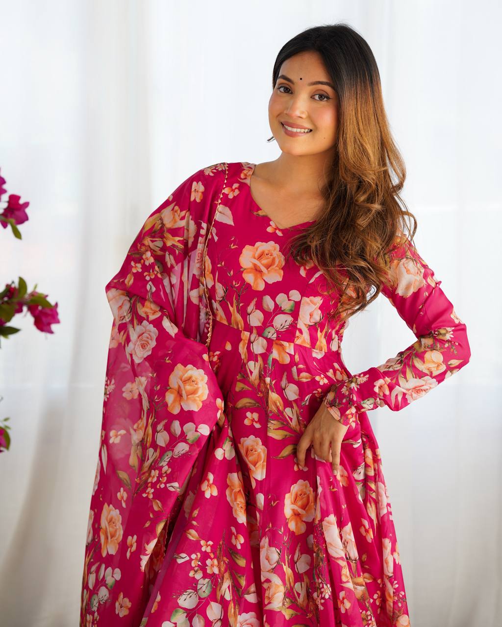 Pink Floral Anarkali Suit with Dupatta AllTreandy