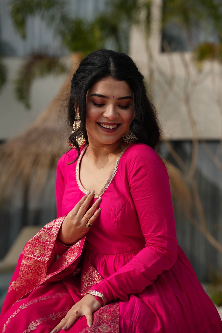 Hot Pink Tiered Anarkali with Banarasi Dupatta AllTreandy