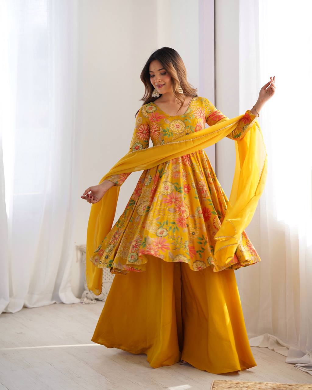 Sunflower Yellow Floral Peplum Kurta with Sharara & Dupatta – Vibrant Festive Wear AllTreandy